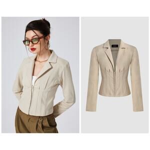 CIDER Beige Notched Collar Crop Cotton Blazer